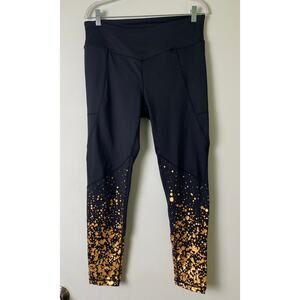 Orangetheory Gold Paint Splatter Shine Fuel Black Leggings Size L